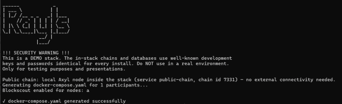 Terminal output displaying the 'Raiys' blockchain project startup, with a security warning about an in-stack development chain and confirmation that docker-compose.yml was generated successfully.