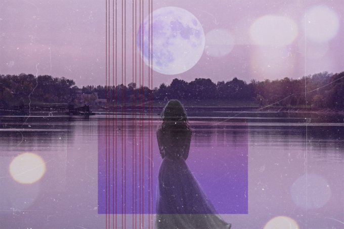 A hooded figure in a flowing gown stands before a serene lake beneath a luminous full moon, set against a dreamy purple-hued ethereal nightscape that evokes the "Ethereal Night" NFT described in the caption. Vertical red lines and soft glowing orbs add a surreal, abstract touch to the atmospheric scene.