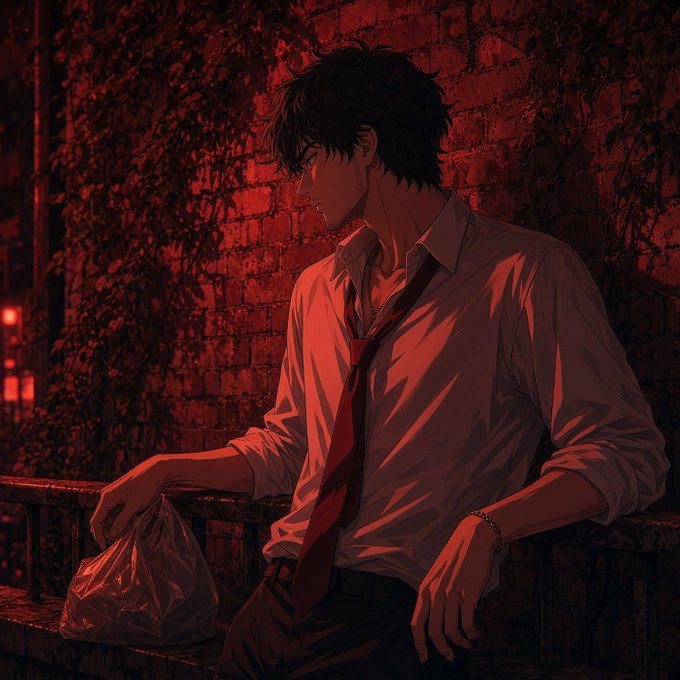 An anime-style illustration depicts a dark-haired man in a white shirt and red tie leaning against a railing under red lighting, with a plastic bag beside him.