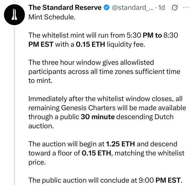 A tweet from "The Standard Reserve" outlines their NFT mint schedule, featuring a whitelist window from 5:30-8:30 PM EST at 0.15 ETH, followed by a public Dutch auction starting at 1.25 ETH and descending to a 0.15 ETH floor by 9:00 PM EST. The accompanying post mocks this "overhyped" NFT project, sarcastically highlighting how fans are eager to pay the 0.15 ETH "exclusive" fee—framing the mint as an overpriced psyop rather than a privilege.