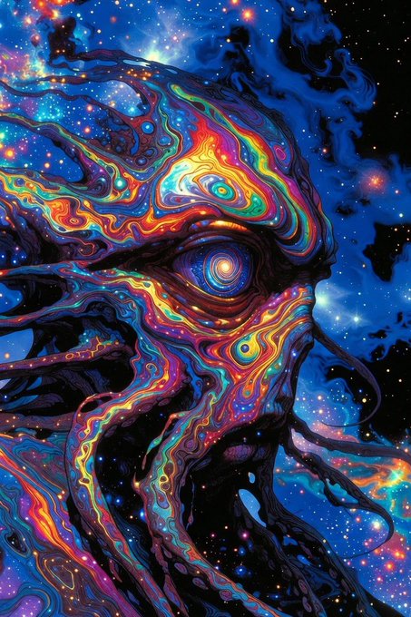 A vibrant, psychedelic digital artwork features swirling rainbow colors forming a face-like figure with a central eye against a starry cosmic background.
