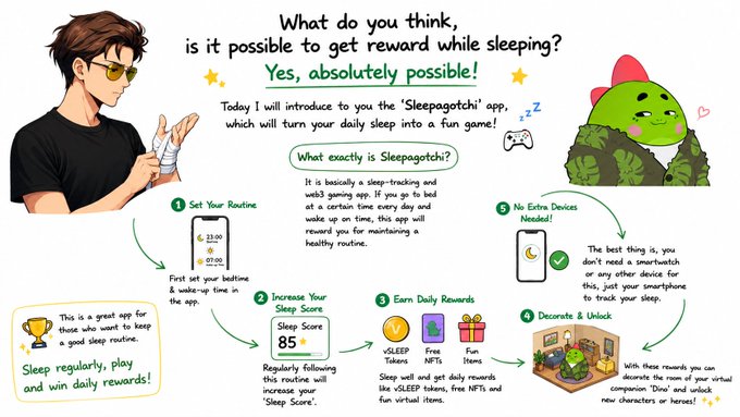The image features an illustration of a man holding up his phone with a sleep tracking app displayed on its screen, accompanied by a cartoon character that looks like a green dinosaur or monster. The text above the illustration reads "What do you think, is it possible to get reward while sleeping? Yes, absolutely possible! Today I will introduce to you the @sleepagotchi app".