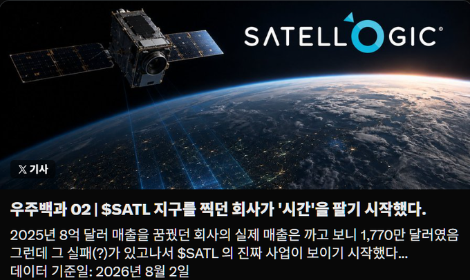 The image shows a satellite orbiting Earth with the "SATELL'OGIC" logo prominently displayed, alongside Korean text stating "우주백과 02 | $SATL 지구궤도 펴면 회사가 '시간'을 팔기 시작했다" (roughly: "Spacepedia 02 | When $SATL opens Earth orbit, the company started selling 'time'"), referencing $SATL (Satellogic ticker). This aligns with the post's message about saving the article for next week's launch, as the image promotes a space-based company whose business model involves selling timely satellite imagery and data.