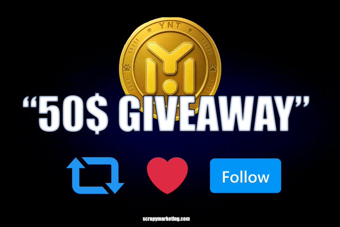 Promotional graphic for a "$50$ GIVEAWAY" featuring a gold YNT (YNTbet) crypto coin logo on a dark background, accompanied by retweet, heart/like, and follow icons, with the website scrapymarketing.com at the bottom.