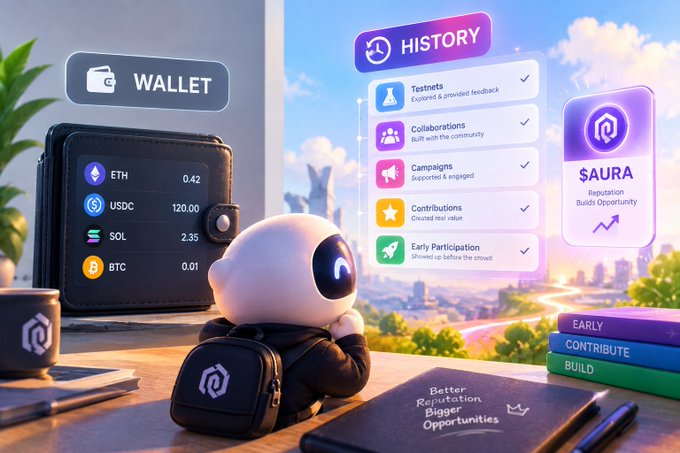A 3D-rendered illustration of a small robot character with a backpack looking at floating UI panels displaying a crypto Wallet (ETH, USDC, SOL, BTC), a HISTORY of testnets and campaigns, and a $AURA reputation score chart.