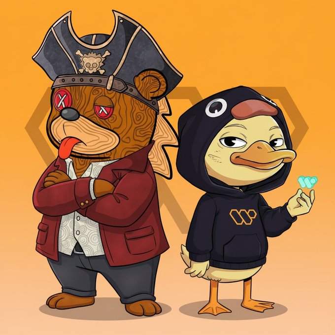 A cartoon pirate bear with crossed arms and red "X" eyes stands next to a yellow duck in a black hoodie holding a blue diamond crystal, set against an orange background. The duo appears to be the mascots for "wallchain" (visible logo on the duck's hoodie) and likely represents the "gQuack" community mentioned in the tweet, illustrating the quiet, observational mood of users watching for score updates.