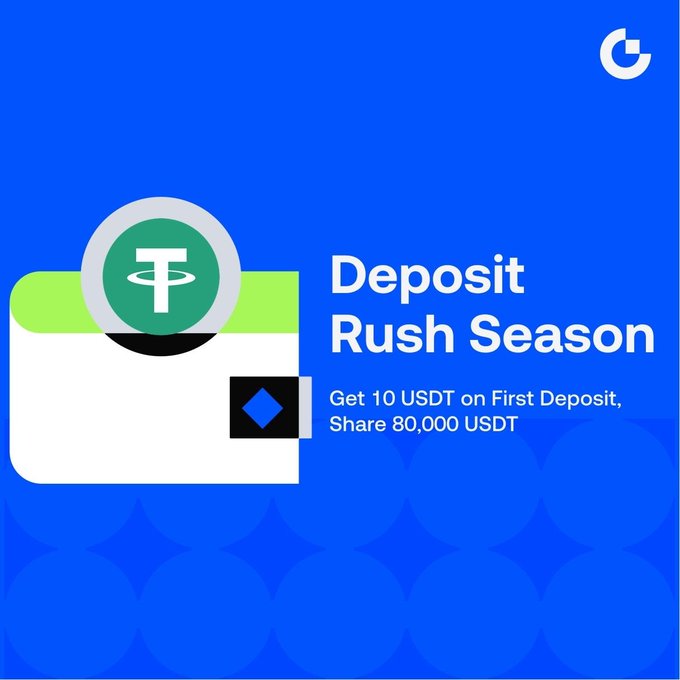 A promotional graphic on a blue background featuring a wallet illustration with a Tether (USDT) coin and a Binance logo, advertising Gate.io's "Deposit Rush Season" event offering 10 USDT on first deposit and a share of 80,000 USDT in rewards.