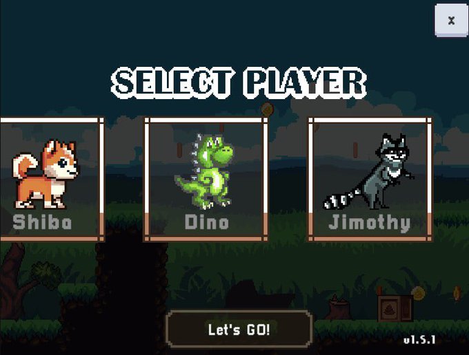 A retro pixel-art style character selection screen titled 'SELECT PLAYER' offers three options: 'Shiba' (an orange dog), 'Dino' (a green dinosaur), and 'Jimothy' (a raccoon), with a 'Let's GO!' button below.
