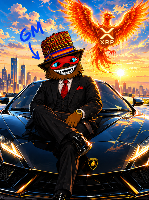 An AI-generated image of a furry character in a suit, red mask, and hat sitting on a sports car, with 'GM' written above and 'XRP' displayed on a flaming bird in the background.