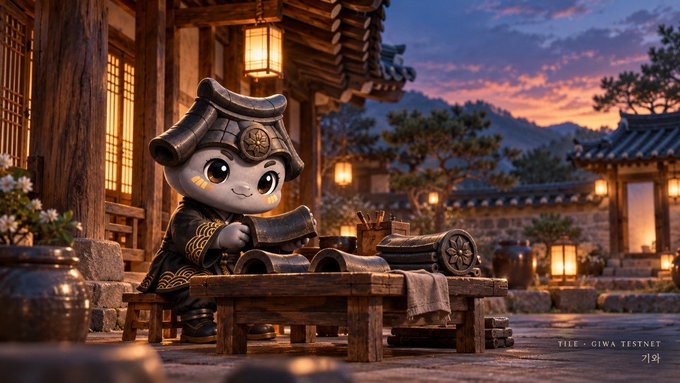 A Pixar-style 3D rendering shows a cute cat character dressed as a samurai working with sushi ingredients in a traditional Korean village setting, labeled "FILE - GIWA TESTNET".