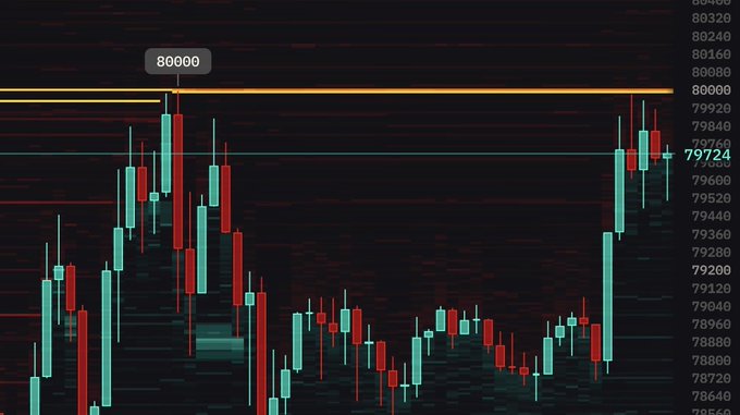 A Bitcoin candlestick chart shows BTC trading at 79,724, repeatedly testing the "80000" yellow resistance line (highlighted with a label) without breaking through, visually reinforcing the post's metaphor of a battle against that key psychological price barrier.