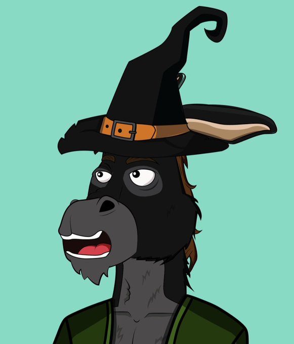 An illustration of a black gorilla or ape character wearing a black witch hat with an orange band and buckles, set against a teal background.