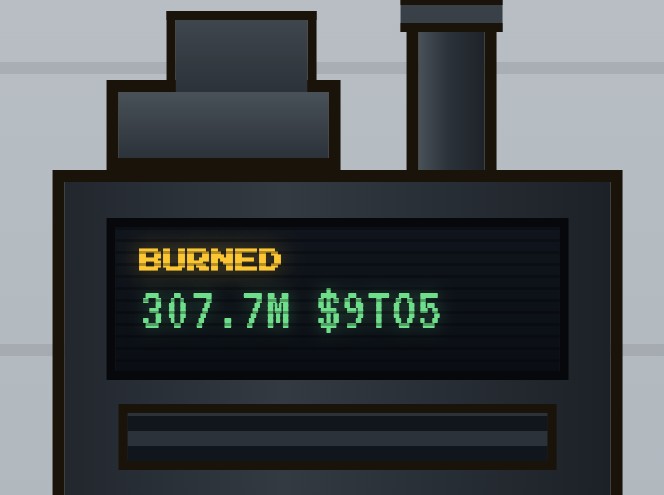 An animated device displays the text "BURNED 307.7M $9T05".