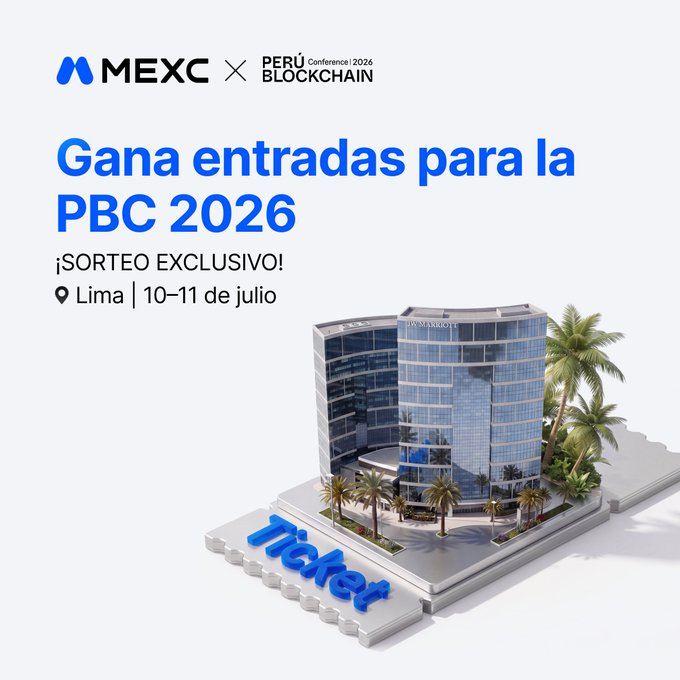 MEXC partners with the Perú Blockchain Conference 2026 (PBC 2026) for an exclusive ticket giveaway to the event in Lima on July 10-11, featuring a 3D illustration of a modern glass building and palm trees atop a "Ticket" base.