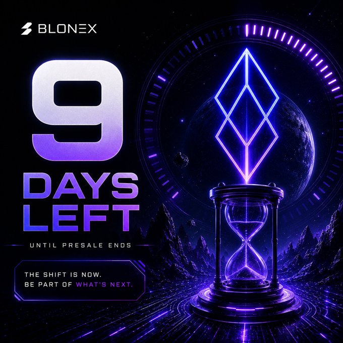 A promotional graphic for Blonex cryptocurrency presale showing '9 DAYS LEFT UNTIL PRESALE ENDS' with the tagline 'THE SHIFT IS NOW. BE PART OF WHAT'S NEXT.' in purple futuristic styling.