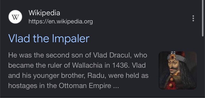 A Wikipedia search result snippet for 'Vlad the Impaler' stating he was the second son of Vlad Dracul who became the ruler of Wallachia in 1436, with his brother Radu held hostage in the Ottoman Empire.