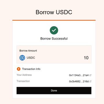 A mobile app screen displays a 'Borrow USDC' confirmation with a green checkmark and the message 'Borrow Successful', showing a borrow amount of 10 USDC along with transaction info including a wallet address and transaction hash.