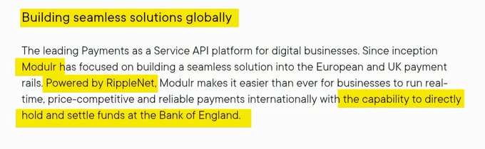 The image shows highlighted text from a Modulr company description stating "Building seamless solutions globally," noting that Modulr is powered by RippleNet and has "the capability to directly hold and settle funds at the Bank of England." The caption relates to the post by highlighting how Ripple's connection to Modulr enables direct central bank settlement accounts, bypassing traditional bank intermediaries.