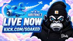 A promotional graphic for "AIRSTRIKE 3" features a cartoon gorilla wearing a beanie alongside a blue airplane, with "LIVE NOW" and "KICK.COM/SOAKED" displayed prominently, advertising a livestream. The image aligns with the post's call-to-action to follow @SoakedUpdates and share Stake usernames, tying into a gambling/crypto giveaway promotion.