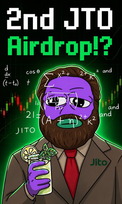 A meme-style promotional graphic asking '2nd JTO Airdrop!?' featuring a cartoon purple-faced character in a suit holding a drink, with mathematical equations and a Jito candlestick chart background.
