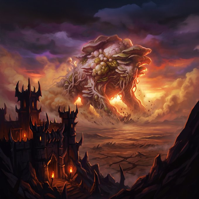 A dark fantasy digital artwork depicting a massive creature emerging from stormy clouds above a desolate landscape with gothic castle ruins.