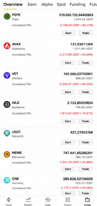 A cryptocurrency portfolio overview on a trading app displaying various tokens including PEPE (-65.27%), AVAX (-68.64%), VET (-86.52%), WLD (-70.61%), USDT, MEME (-94.96%), and ONE (-92.64%), all showing significant unrealized losses in USDT.