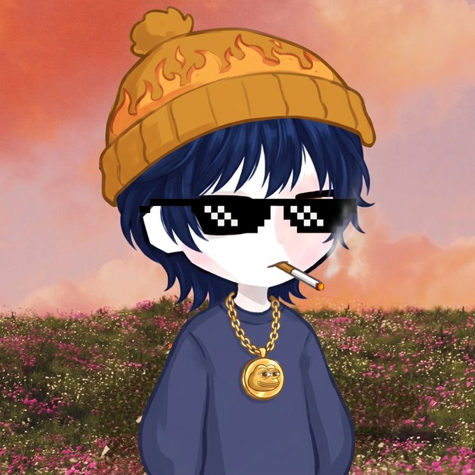 A cartoon character with pixelated "deal with it" sunglasses, a flame-patterned beanie, gold chain, and a cigarette stands in a flower field, embodying the chill, "you're early to the party" vibe of the AKAI meme coin promotion to akaihood.xyz.