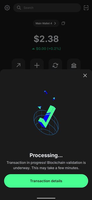 A screenshot of a crypto wallet app showing a balance of $2.38 and a 'Processing...' message indicating 'Transaction in progress! Blockchain validation is underway. This may take a few minutes.'