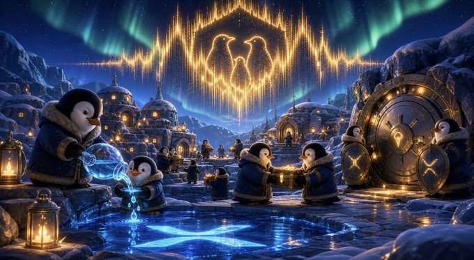 Fantasy digital artwork of penguins in winter clothing in an icy village under auroras, with a glowing golden wolf-shaped light formation overhead.