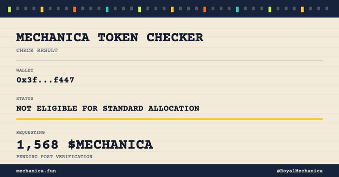 A Mechanica Token Checker result screen for wallet 0x3f...f447, showing status 'NOT ELIGIBLE FOR STANDARD ALLOCATION' while requesting 1,568 $MECHANICA pending post verification.