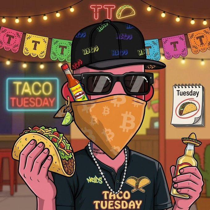 A cartoon character wearing Bitcoin-patterned accessories, sunglasses, and a bandana holds a taco and a bottle of hot sauce, with a neon "TACO TUESDAY" sign and a calendar showing Tuesday in the background—fittingly tying the "gm NFTs" post to a fun, crypto-themed Taco Tuesday celebration.