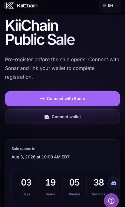 A mobile interface for 'KiiChain Public Sale' showing a countdown timer of 3 days, 19 hours, 05 minutes, 38 seconds until the sale opens on Aug 3, 2026.