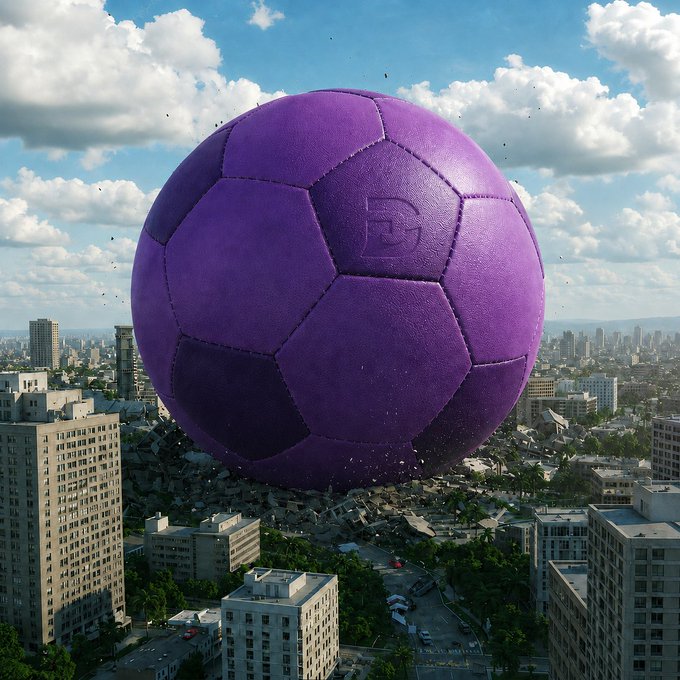 A large purple soccer ball floating over a cityscape with buildings at various heights. The image shows the text "Can you catch the purple one? Tap the purple balls, make 3 in a line, and win rewards! How to join: Follow @DigiFinex Play the game: digifinex-catchpurpleballnetlify.app Comment with your game screenshot 5 winners: 100 USDT Futures Bonus each 2 winners: 1,000 World Cup".