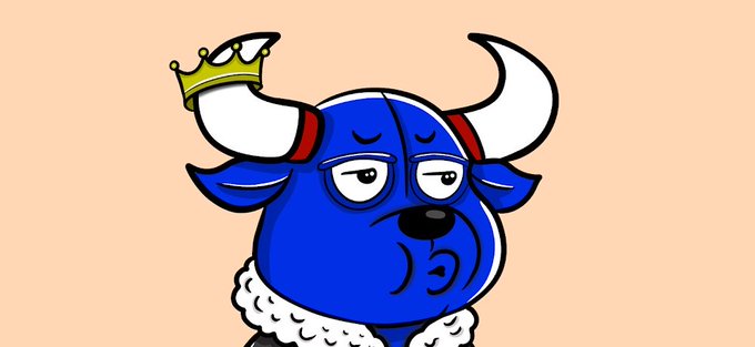 Cartoon illustration of a blue bull character wearing a small gold crown and a white fur collar, displaying a skeptical or unimpressed expression against a peach background.