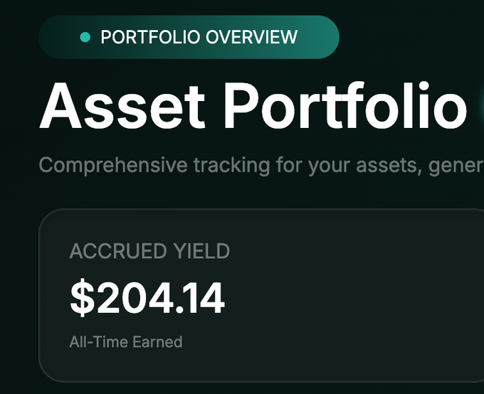 An Asset Portfolio overview page showing an accrued yield of $204.14 marked as All-Time Earned.