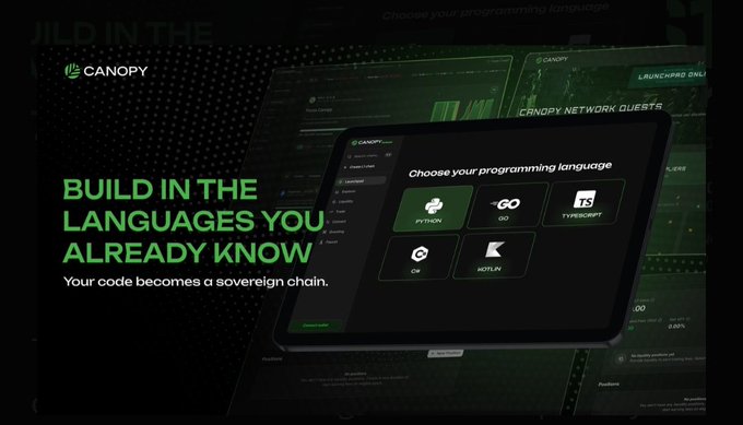The image features a computer screen displaying an appchain with various icons representing different programming languages such as Java, C++, and Python. The text "Build in the languages you already know" suggests that the appchain allows users to choose from a selection of programming languages based on their existing knowledge or experience. This approach makes it easier for beginners to learn how to build an appchain without having to start from scratch with each language.