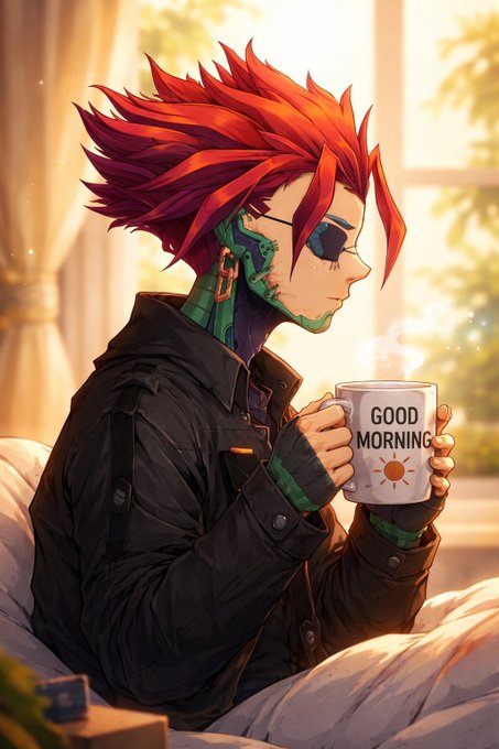 Anime-style illustration of a red-haired character with green cybernetic facial features drinking from a mug labeled 'GOOD MORNING' beside a sunlit window.