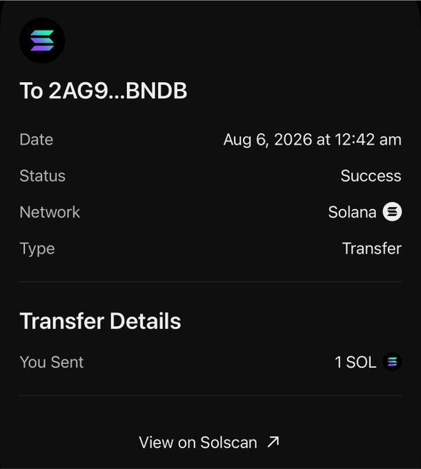 A successful Solana transfer receipt showing 1 SOL sent to wallet "2AG9...BNDB" on Aug 6, 2026, supporting the post's tip of SOL to @Cjslatty.