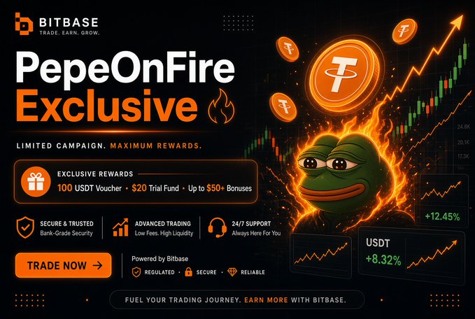 A promotional banner for 'Bitbase' featuring a 'PepeOnFire Exclusive' campaign with a flaming Pepe character, USDT coins, and a 100 USDT Voucher + $20 Trial Fund offer.