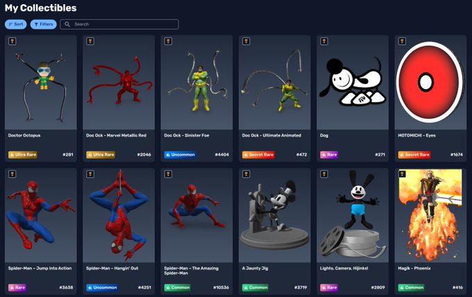 A digital collectibles dashboard titled 'My Collectibles' displays a grid of 12 NFT-style items, including multiple variants of Doc Ock (Marvel Metallic Red, Sinister Foe, Ultimate Animated), Spider-Man figures (Jump into Action, Hangin' Out, The Amazing), a MOTMOCHI - Eyes, A Jaunty Jig, Lights, Camera, Hijinks!, and Magik - Phoenix, each tagged with rarity labels like Ultra Rare, Secret Rare, Uncommon, and Common.