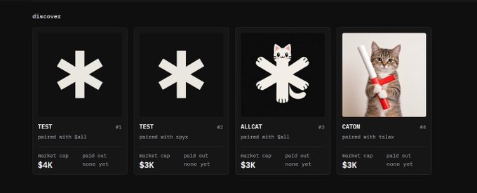 A dark-themed NFT marketplace 'discover' grid showing four items priced in $K (Koin): two 'TEST' tokens at $4K and $3K, an 'ALLCAT' piece for $3K, and 'CATON' (a kitten holding a scroll) for $3K.