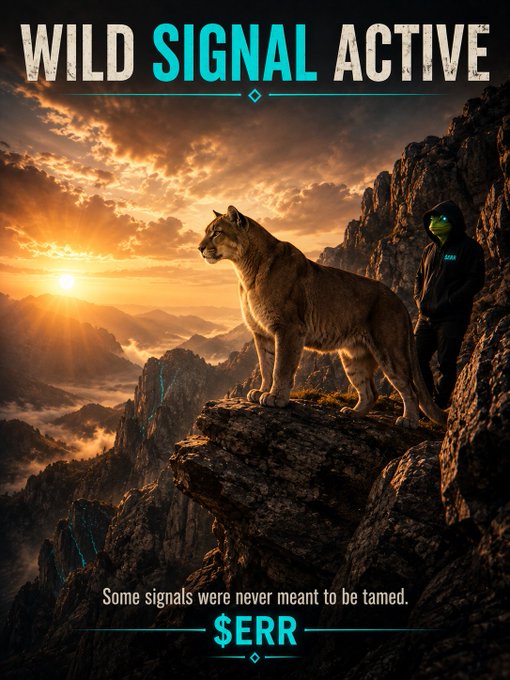 A dramatic advertisement titled "WILD SIGNAL ACTIVE" showing a cougar and a hooded figure in a frog mask standing on a rocky mountain at sunset, with the ticker "$ERR" and tagline "Some signals were never meant to be tamed."