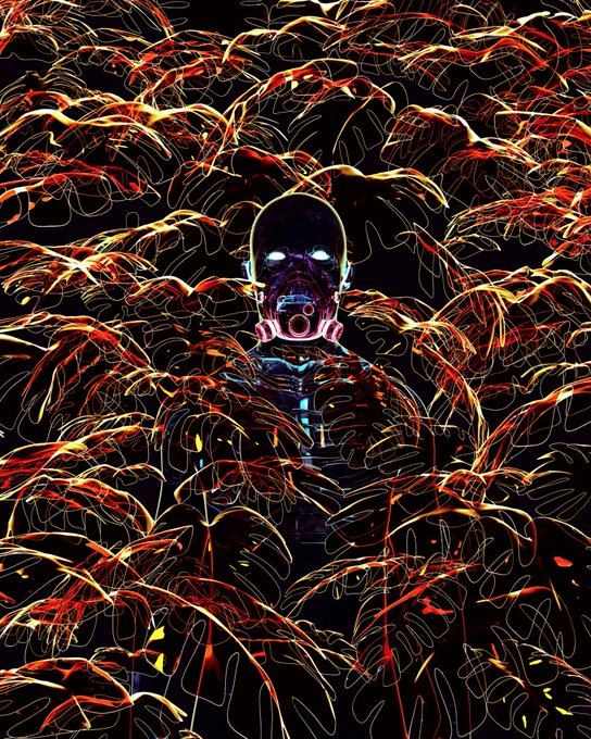 A digital artwork featuring a bald humanoid figure with glowing white eyes and an open mouth, surrounded by chaotic, swirling orange and yellow flame-like tendrils against a black background.
