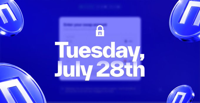 The image is a promotional graphic with a blue background featuring the date "Tuesday, July 28th" in bold white text, accompanied by a lock icon and blurred UI elements suggesting an unlock event. It relates to the post's announcement that a major news event ("خبر ضخم") is coming for the $NIL token in 4 days, teasing an upcoming unlock or reveal.