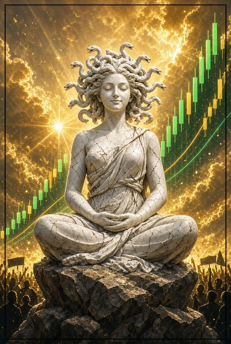 A digital artwork depicting a marble statue of Medusa with snake hair, sitting in a meditative lotus position on a rock. The scene combines classical sculpture with financial candlestick charts and a crowd silhouette below.