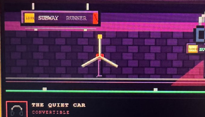 A screenshot from the pixel-art game "Subway Runner" displays a "100%" indicator at the top left and a "300%" on the right, showing a figure on a purple brick wall with a "THE QUIET CAR" headphone item labeled "CONVERTIBLE" in the inventory below. The image relates to the post by showcasing a high completion rate (300%) in the game, supporting the user's narrative of gambling through rounds to collect NFT rewards.