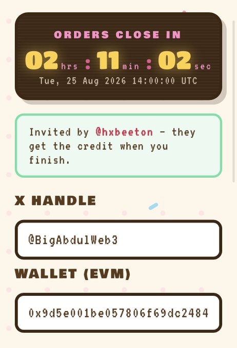 A countdown timer screen shows 'ORDERS CLOSE IN 02 hrs : 11 min : 02 sec' with an X handle '@BigAbdulWeb3' and an EVM wallet address.