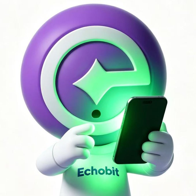 A purple and green mascot character labeled "Echobit" holds up a smartphone, its face illuminated by the green glow of the screen—visually capturing the post's joke about seeing only "green" (a term for profit in crypto) when unlocking your phone, referencing $BTC and the broader crypto market.