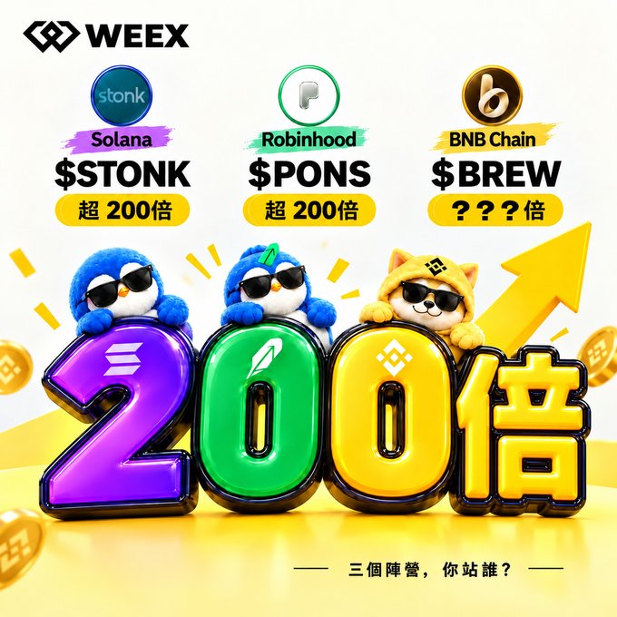 A promotional WEEX advertisement showcasing three cryptocurrency tokens ($STONK on Solana, $PONS on Robinhood, and $BREW on BNB Chain) with plush mascots and '200倍' (200x) return indicators.