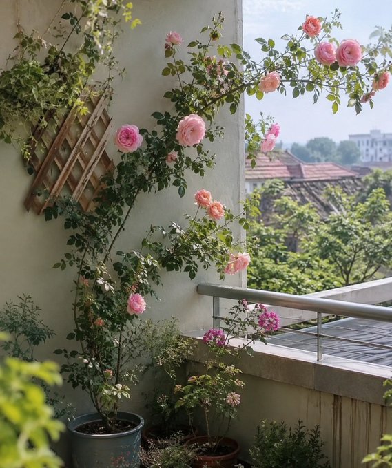 Pink climbing roses bloom against a white wall on a balcony, with a wooden trellis and other potted plants, overlooking a view of green trees and rooftops.